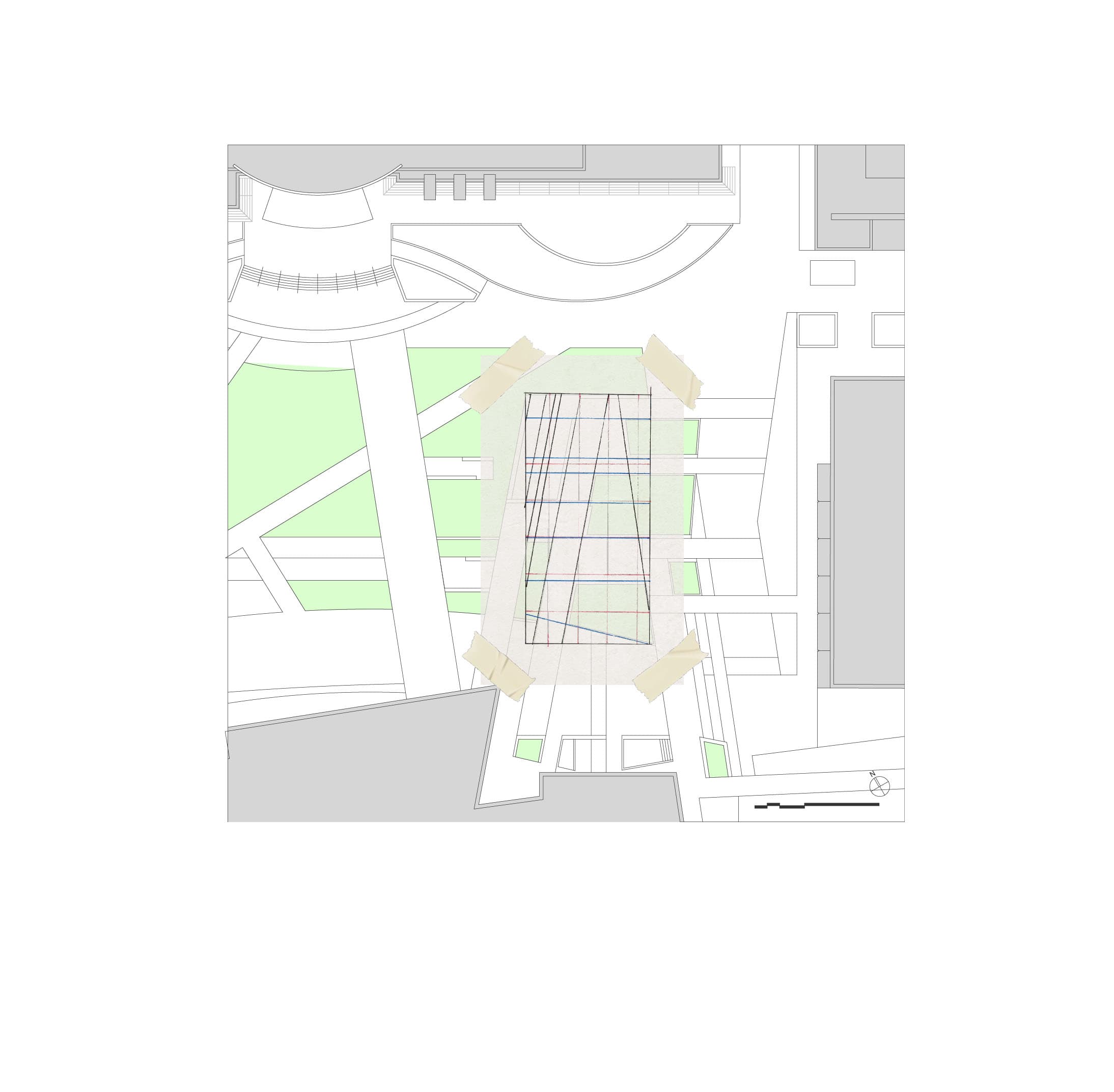 Site plan of the East Los Angeles College plaza with green landscape areas and a trace-paper overlay of context lines.