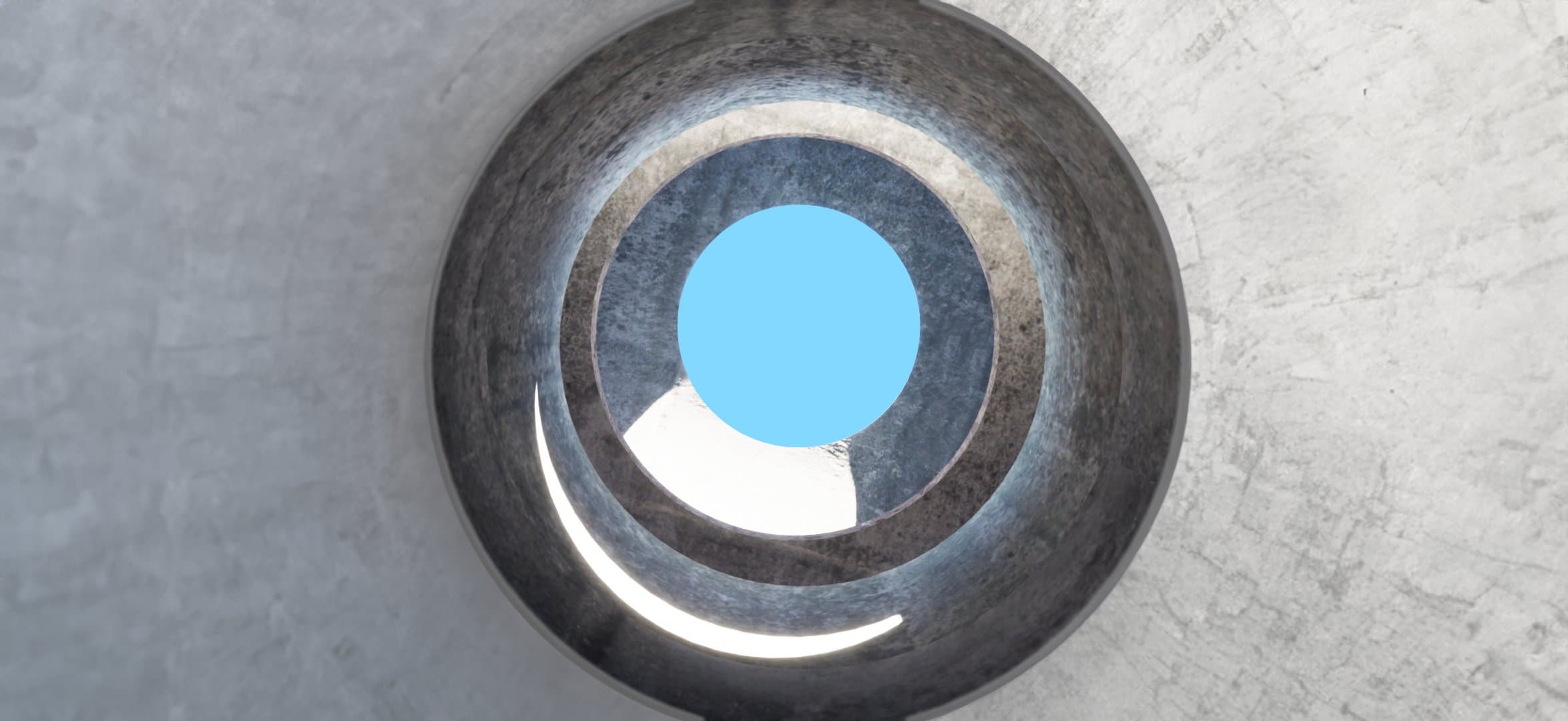 Render looking up through the circular concrete roof opening at blue sky, with a crescent of light along the curved wall.
