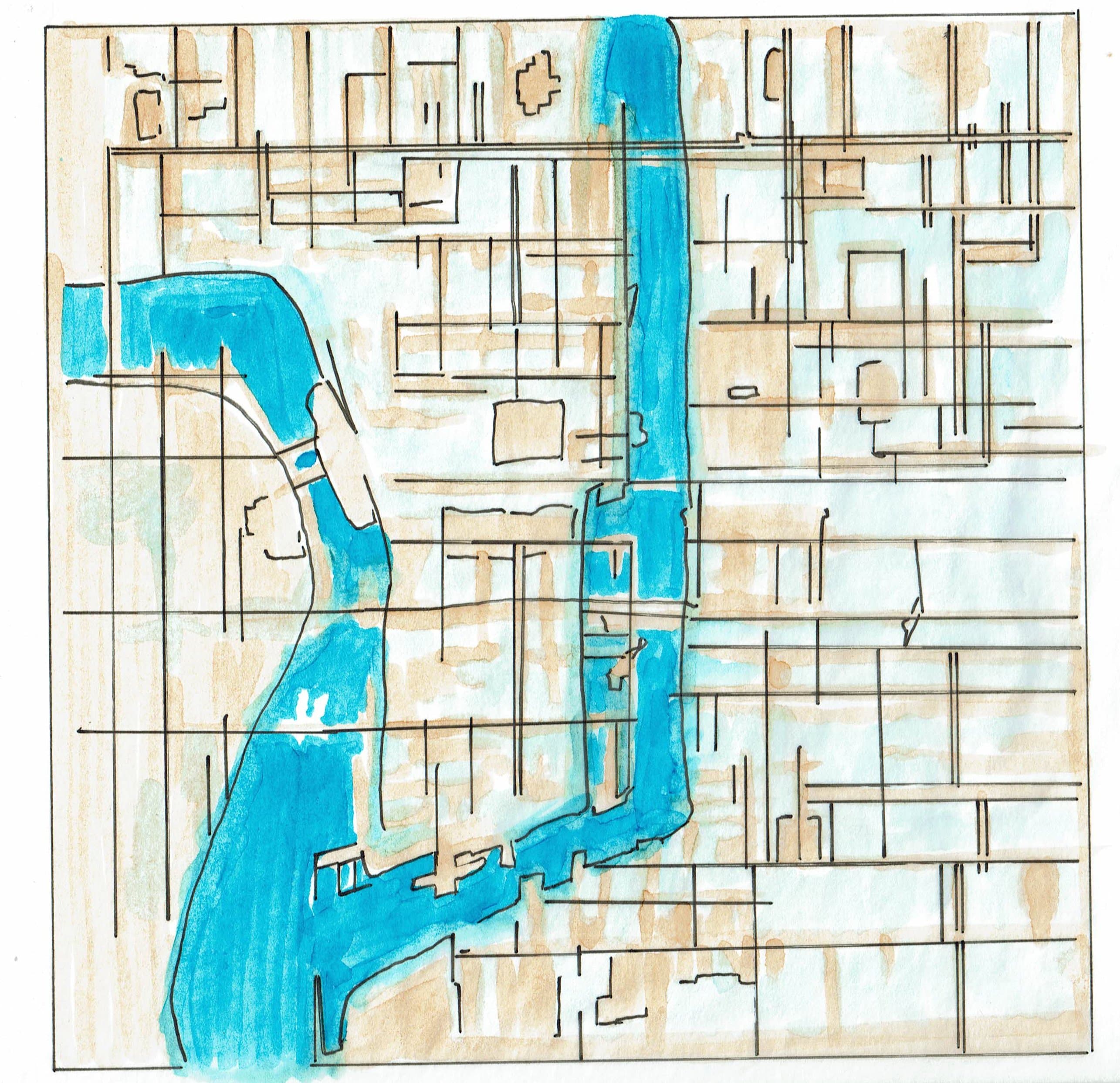 Hand-colored map drawing with blue waterways winding through a grid of black ink lines and tan blocks.