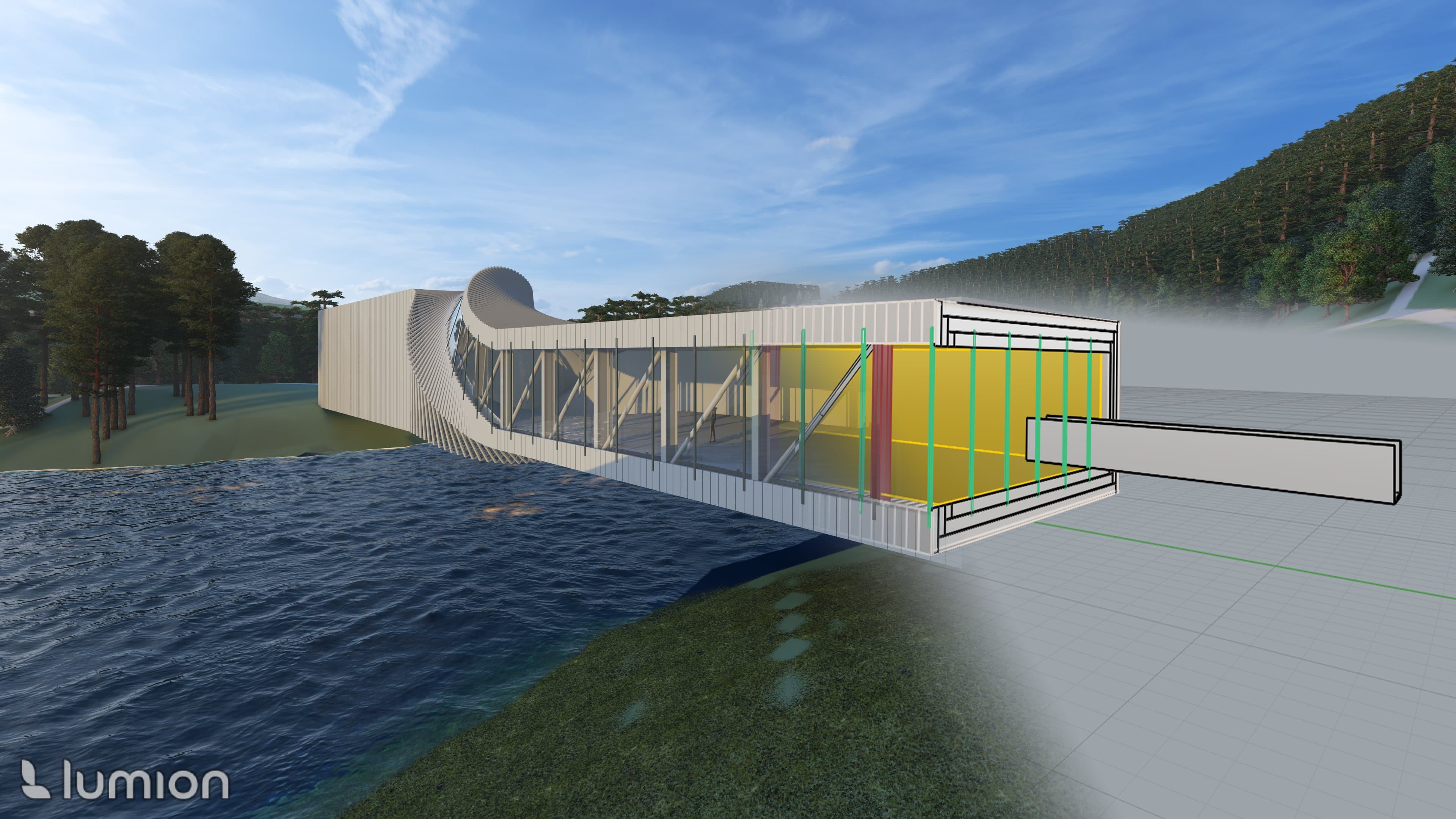Render of a long bridge-like building with a ribbed, curving end, spanning water beside a forested hillside.