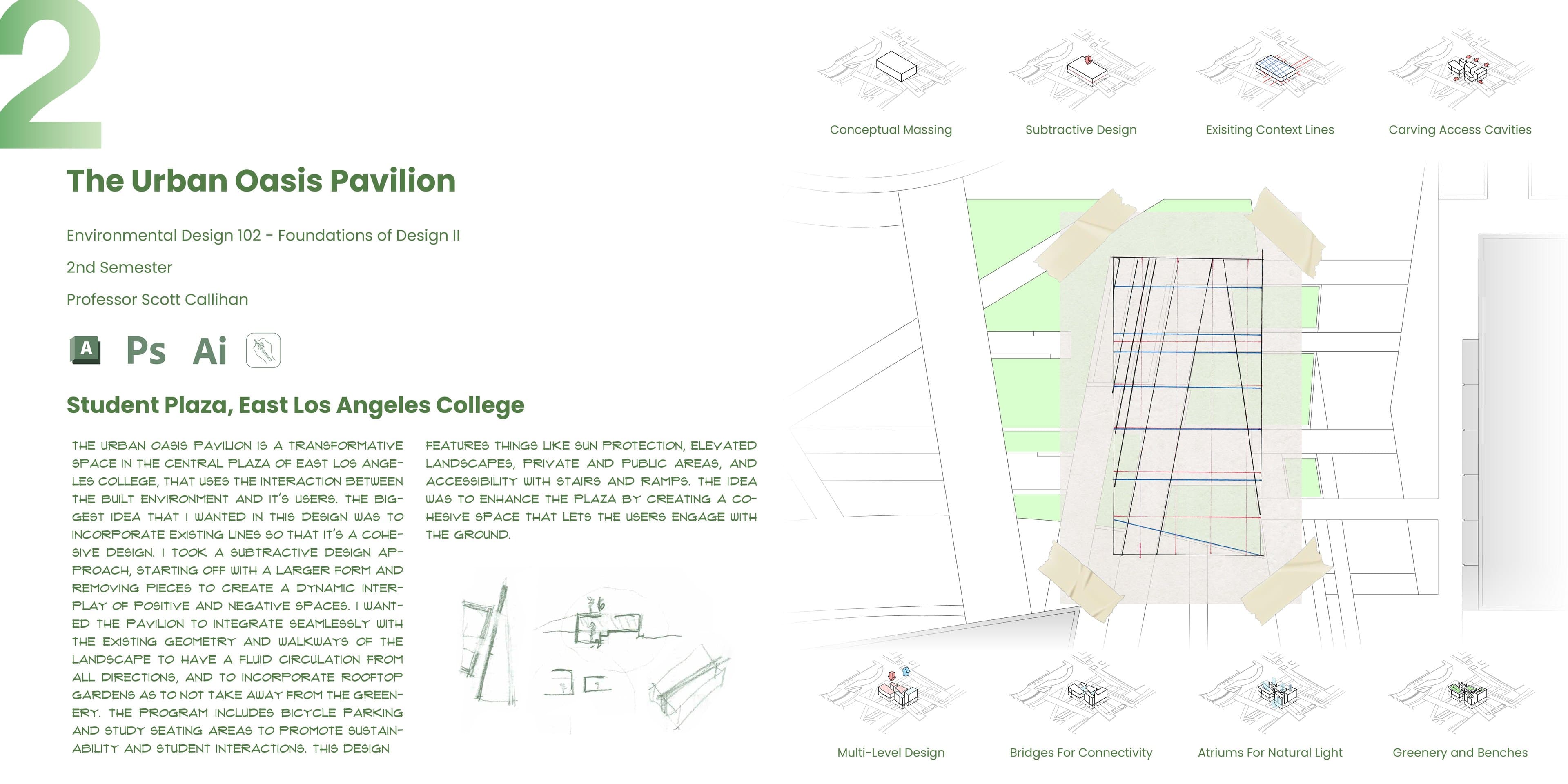 Project board: a site plan with a trace overlay of existing context lines, surrounded by eight axonometric process diagrams from conceptual massing to greenery and benches.