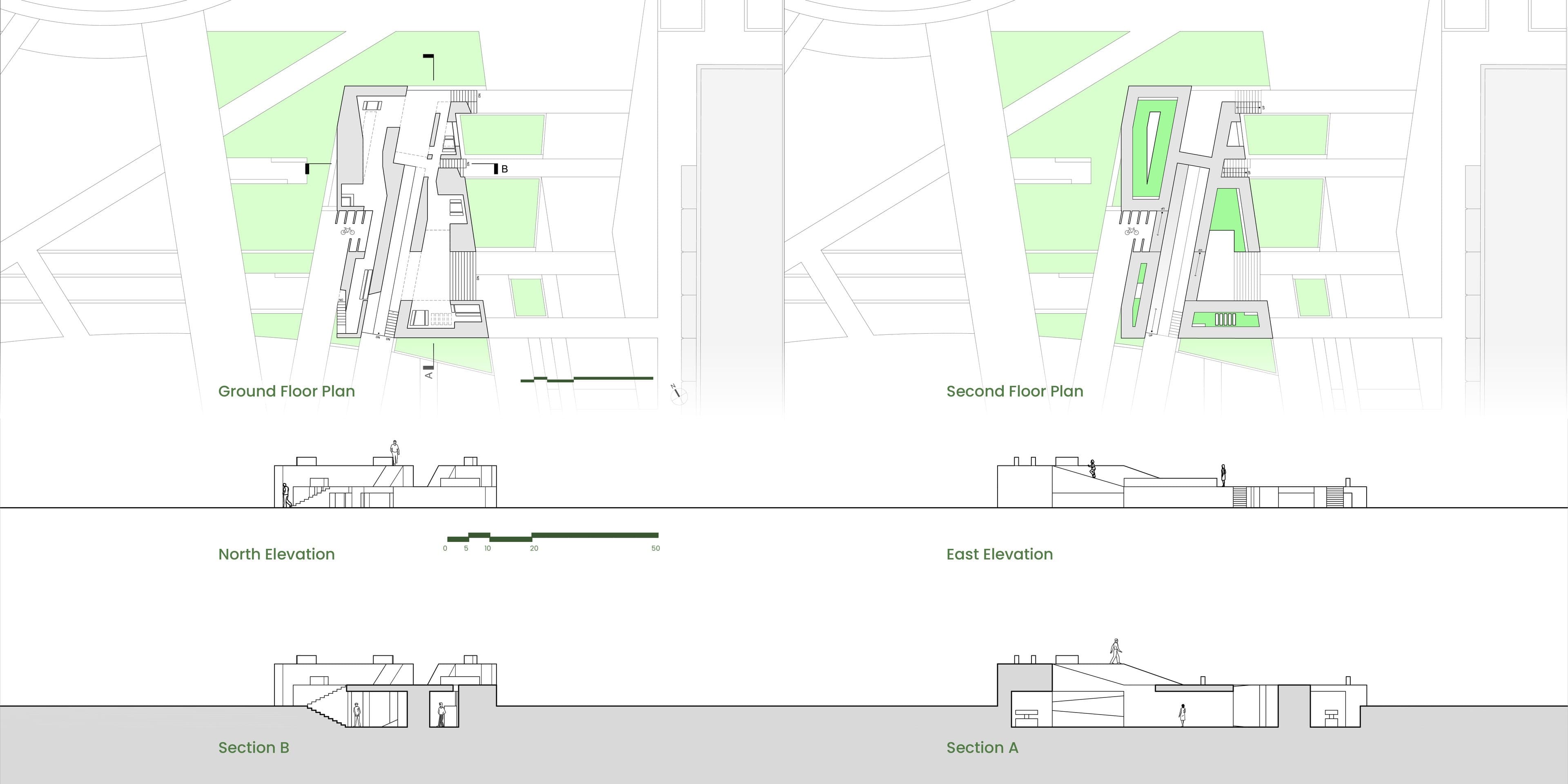Ground and second floor plans on the plaza site, north and east elevations, and two sections with scale figures.
