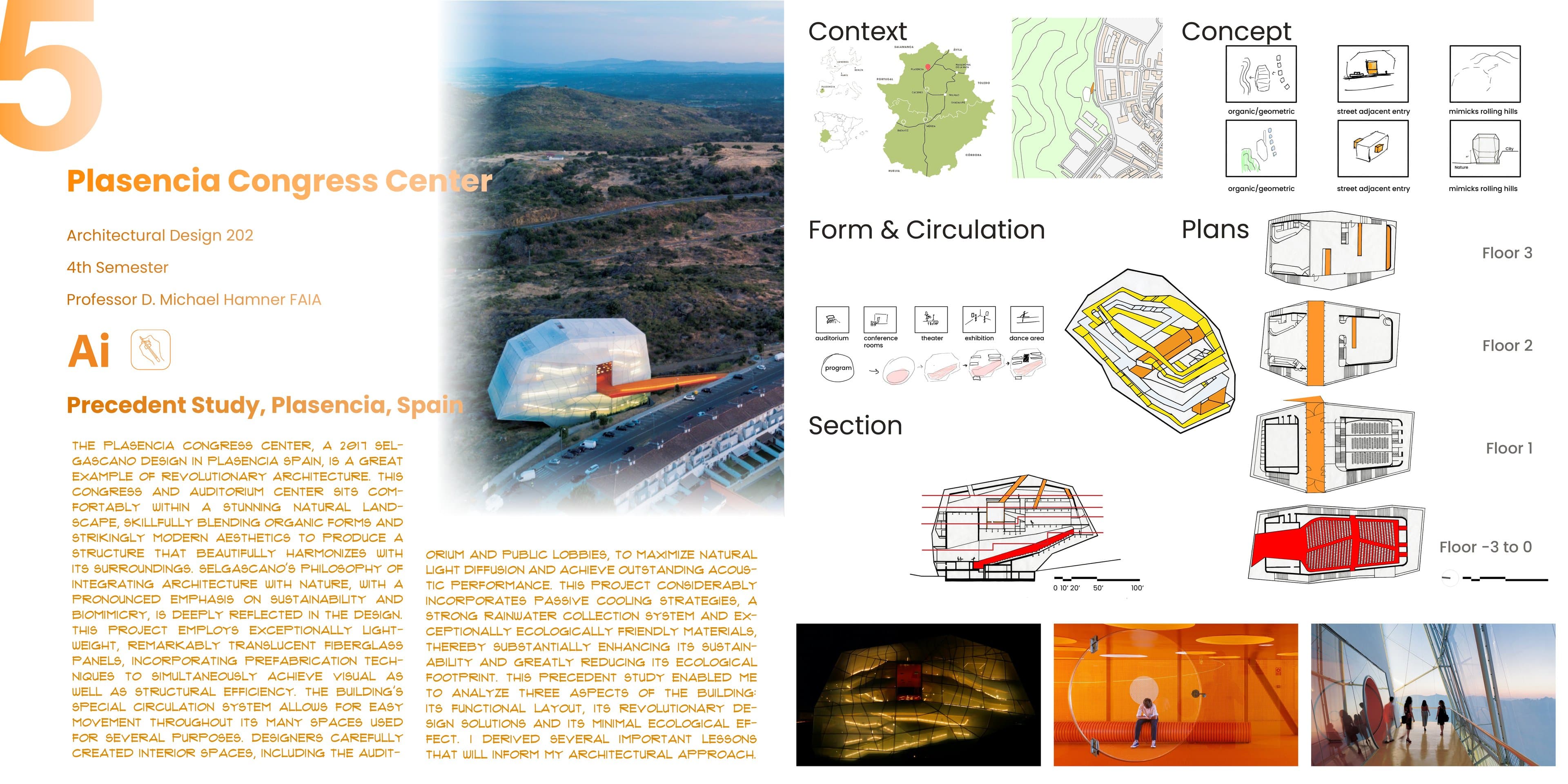 Precedent study board: an aerial photo of the translucent building, context maps, concept sketches, a form and circulation diagram, a section, floor plans, and photos of the exterior at night and the interior.