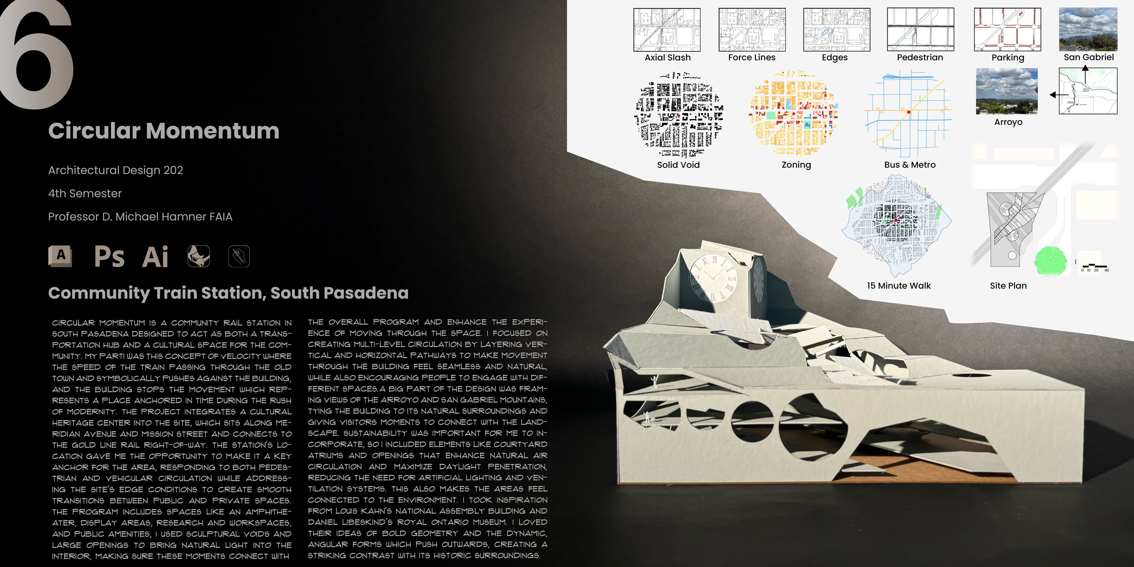 Project board: a photo of the white physical model with folded planes and circular openings, site analysis diagrams and a site plan.
