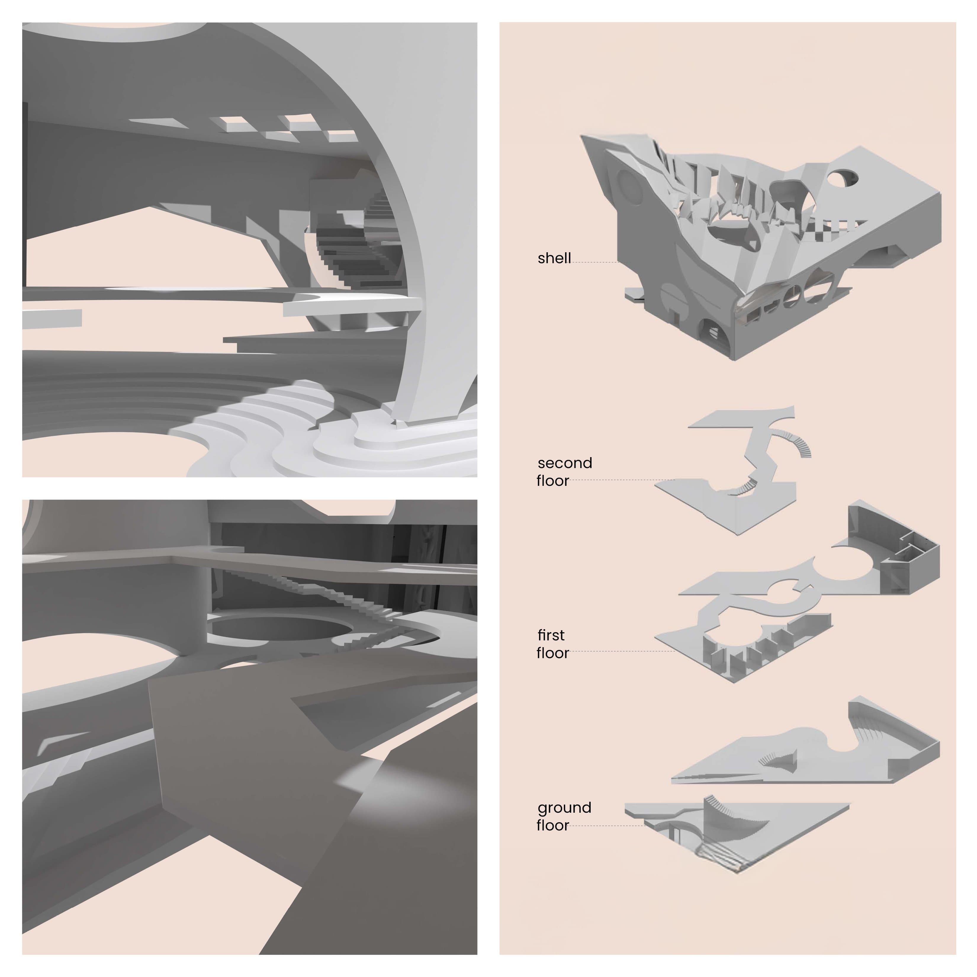 Two interior renders with curving stairs, stepped amphitheater seating and circular skylights, beside an exploded axonometric of the shell and floors.