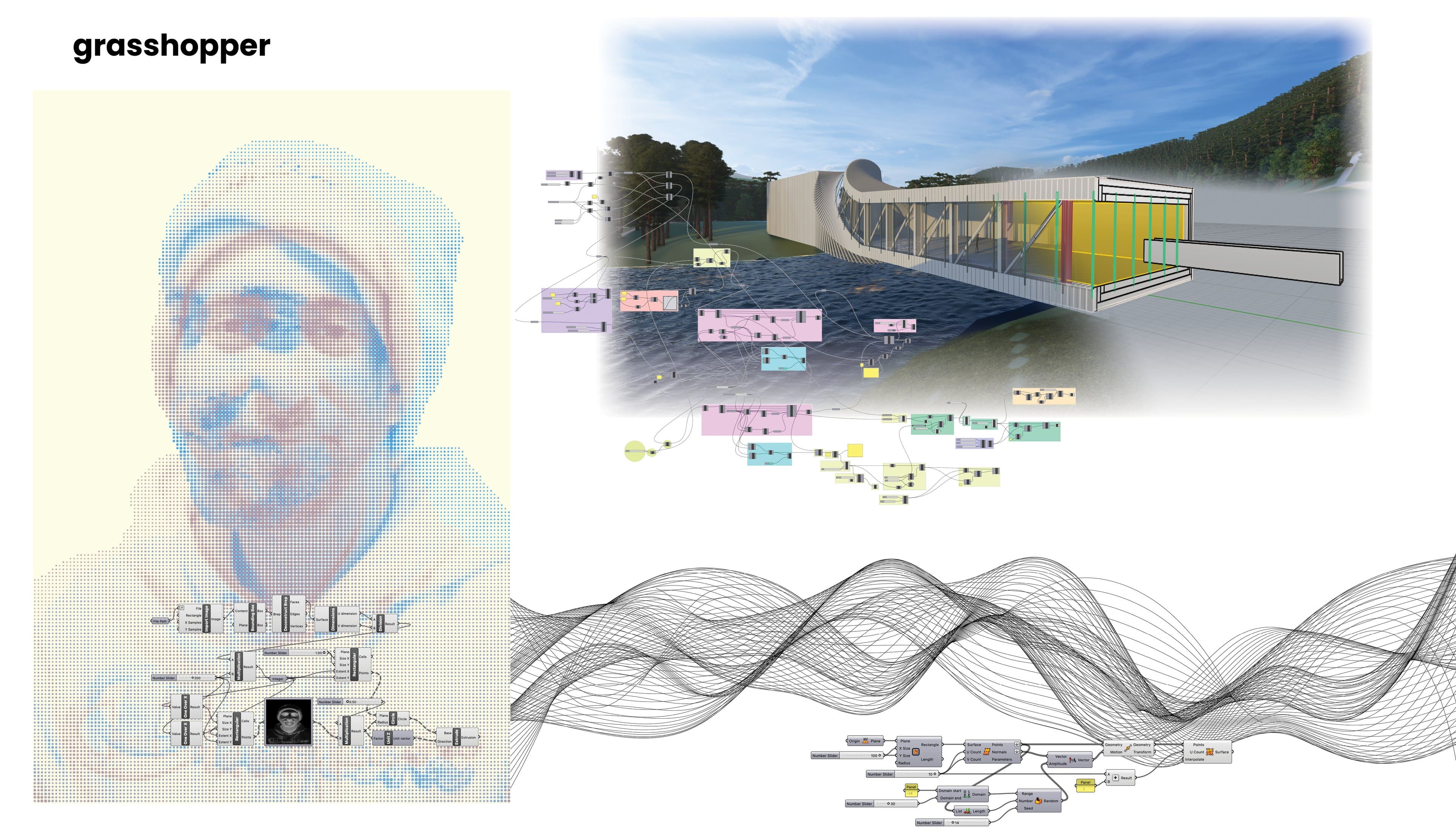 Grasshopper board: a dot-grid portrait generated from an image, a render of a ribbed bridge-like building with its definition overlaid, and a field of wavy lines from a deformed surface, each shown with its Grasshopper definition.