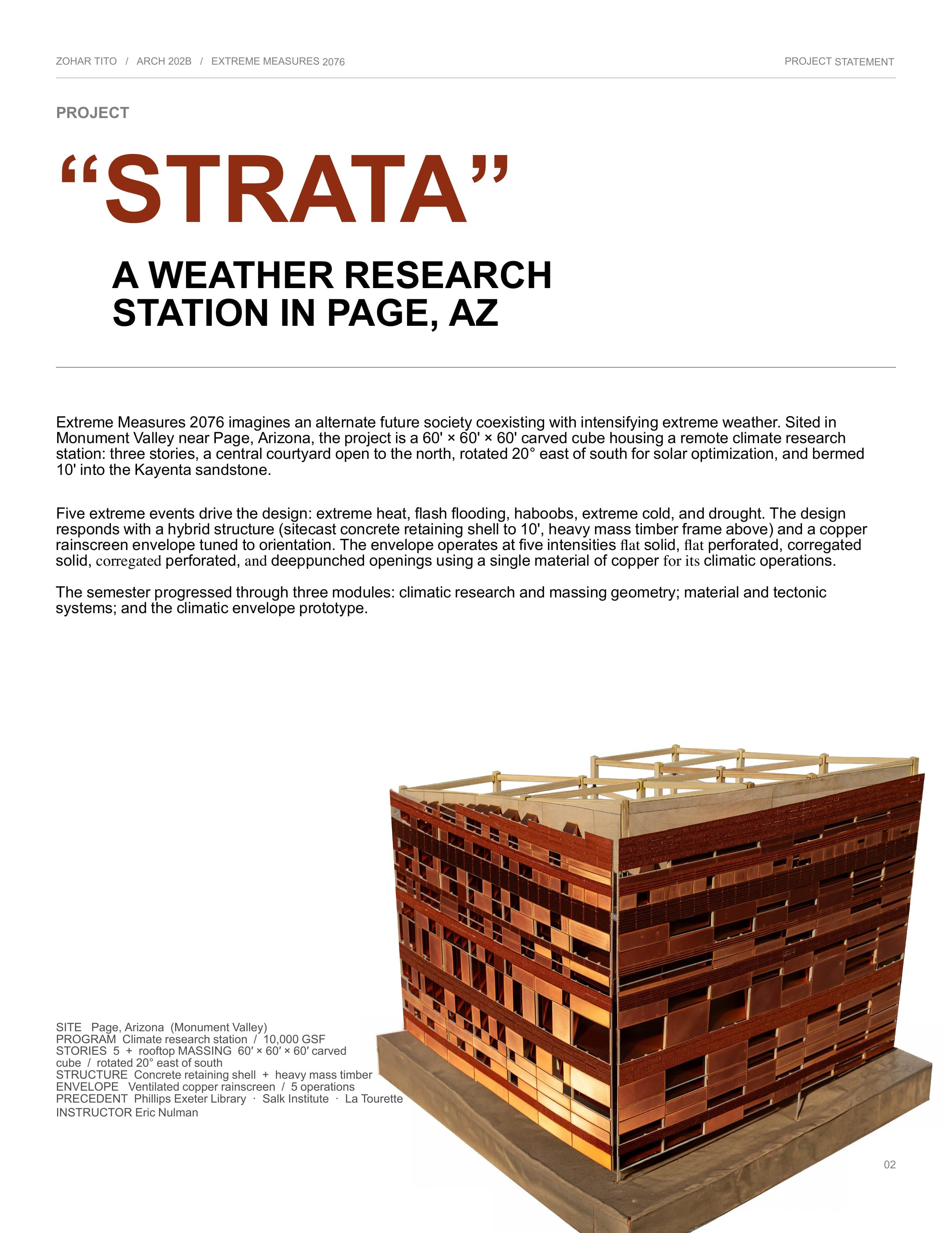 Project statement with a project data block and a photo of the final model: a copper-clad cube with a timber roof frame on a wood base.