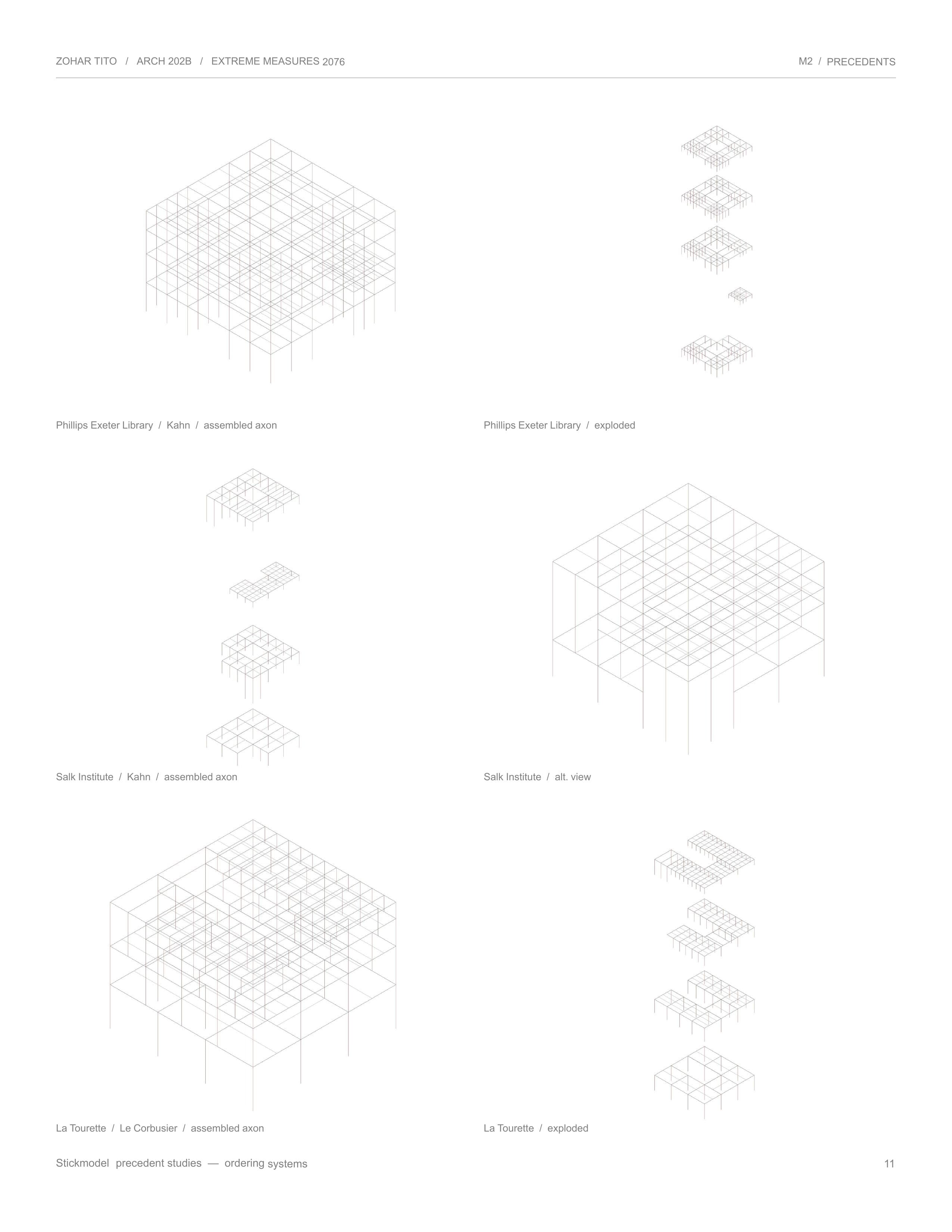 Six wireframe stick-model axonometrics, assembled and exploded, of the three precedents' ordering systems.