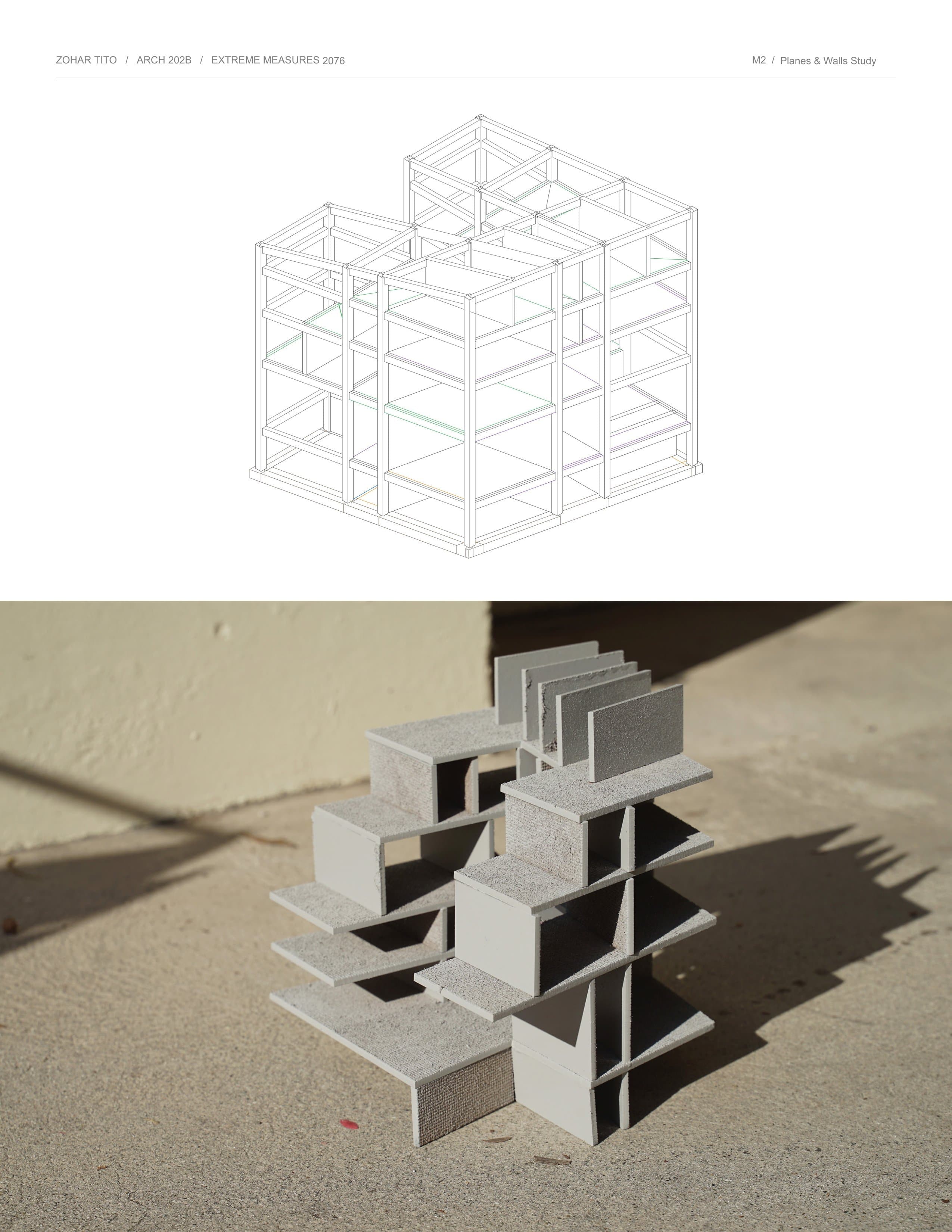Line axonometric of the timber frame above a photo of the grey planes-and-walls study model.