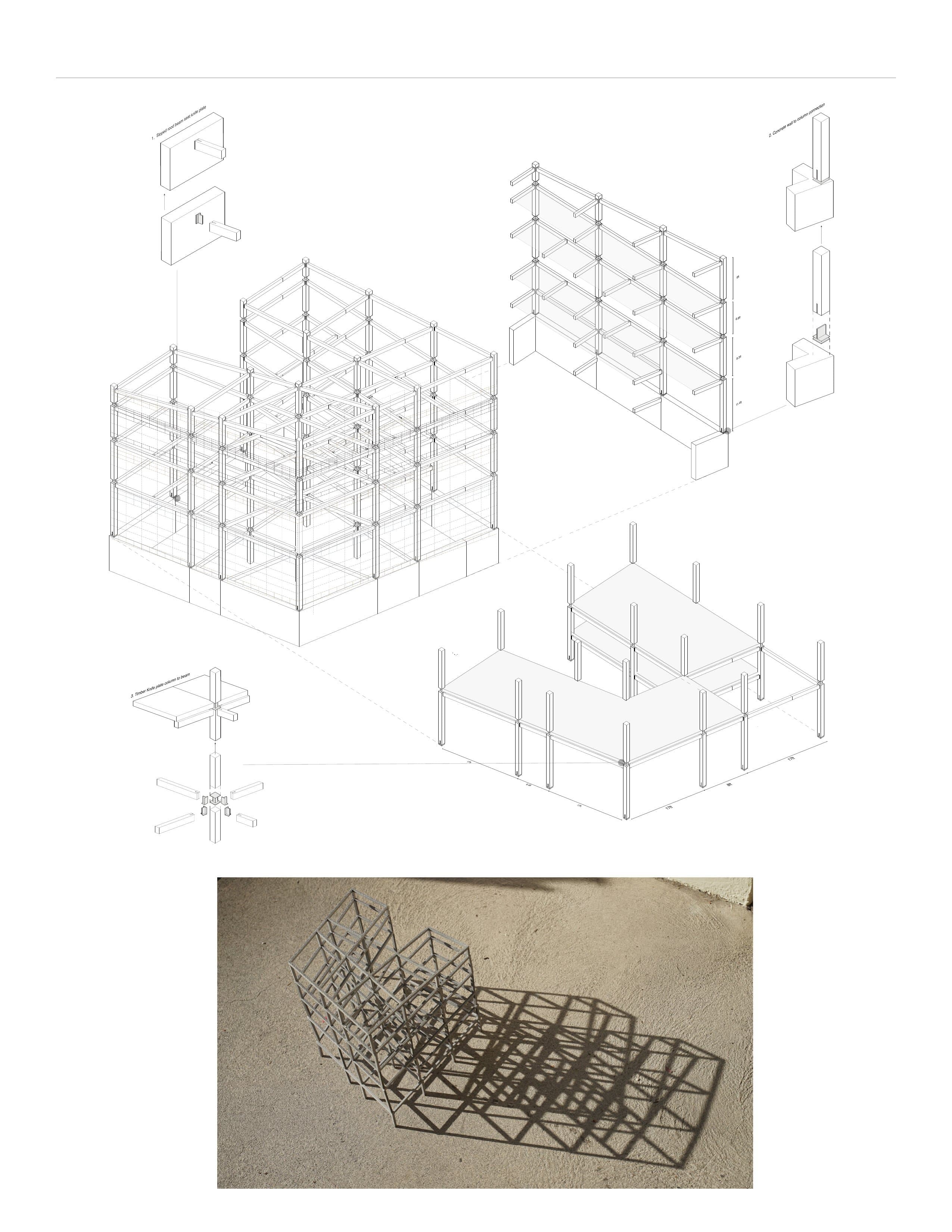 Exploded structural axonometric showing the concrete retaining walls, timber columns, knife-plate connections and sloped roof beams, with dimensions, plus a photo of a grey stick model.
