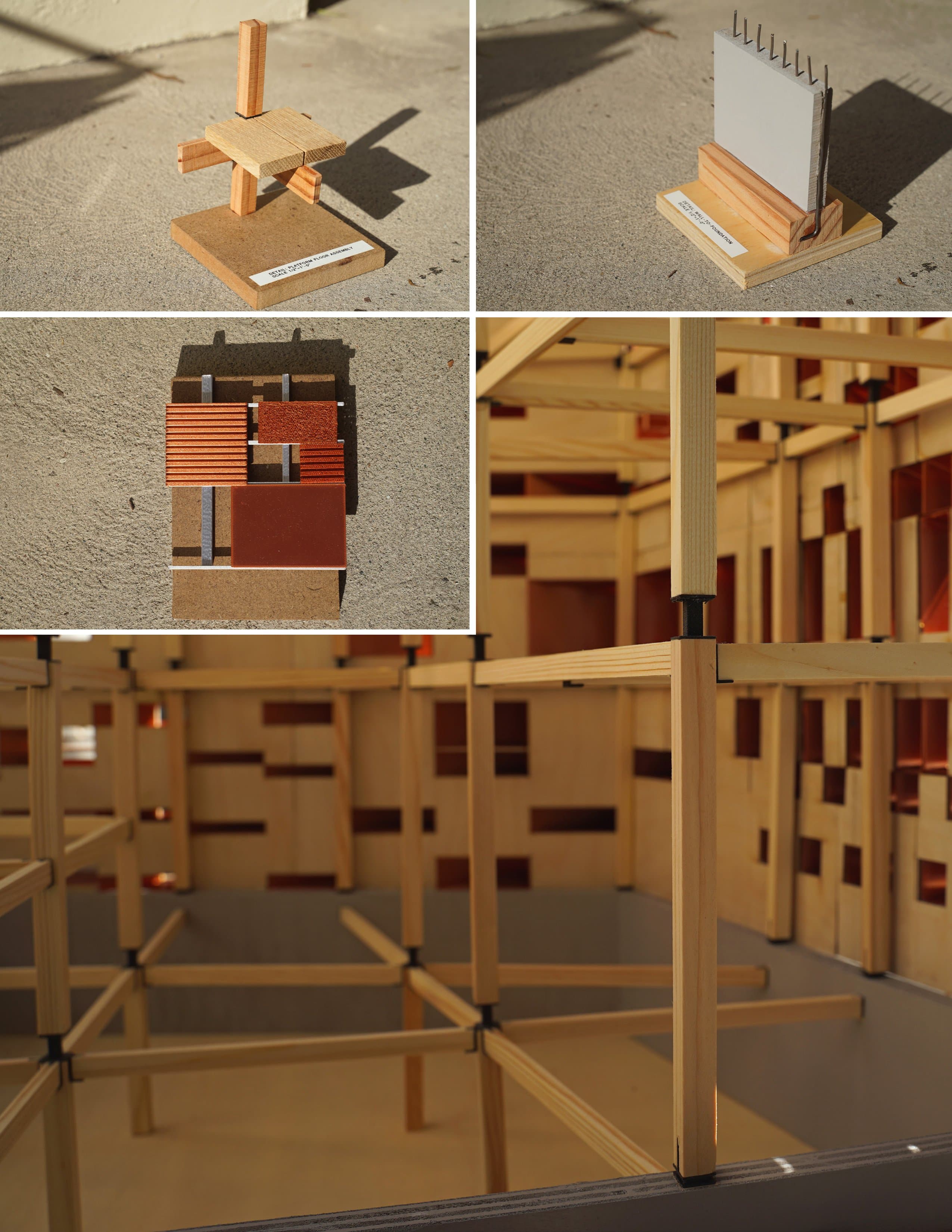 Grid of model photos: two full-scale connection detail models, a copper envelope sample, and an interior view of the timber tectonic model.