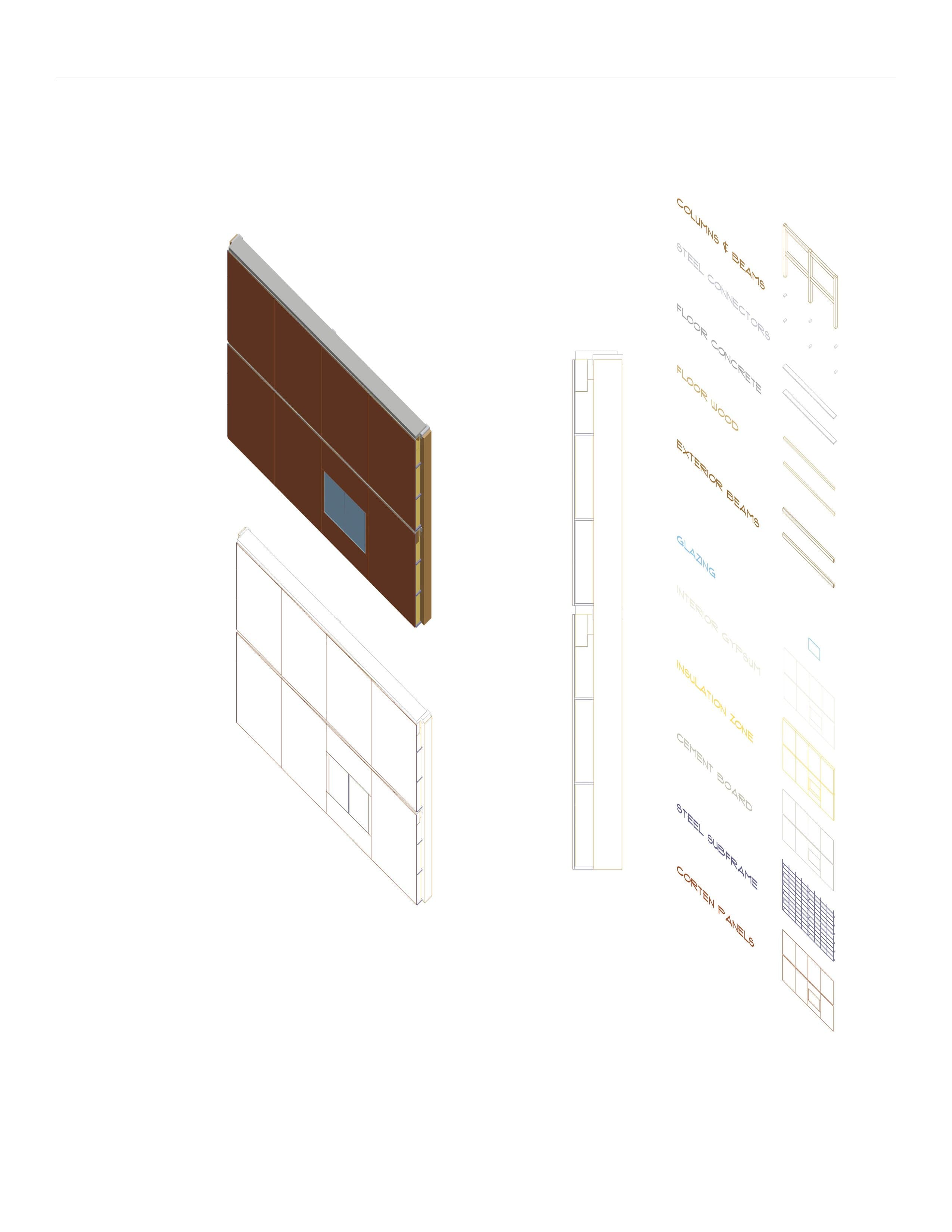 A second exploded wall assembly with a Corten panel variant, an elevation and a component legend.