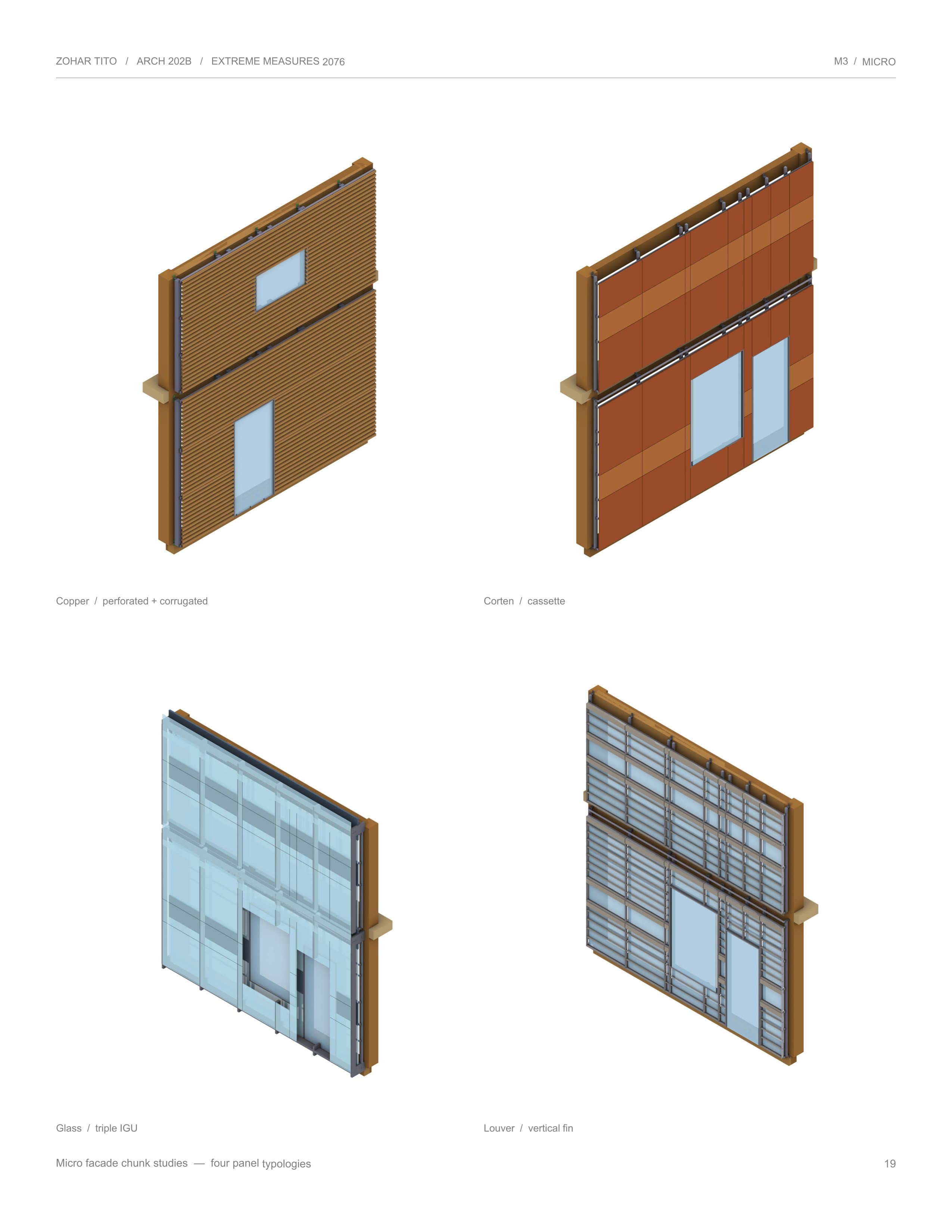 Four rendered facade sections: perforated and corrugated copper, a Corten cassette, triple-glazed glass, and vertical louver fins.