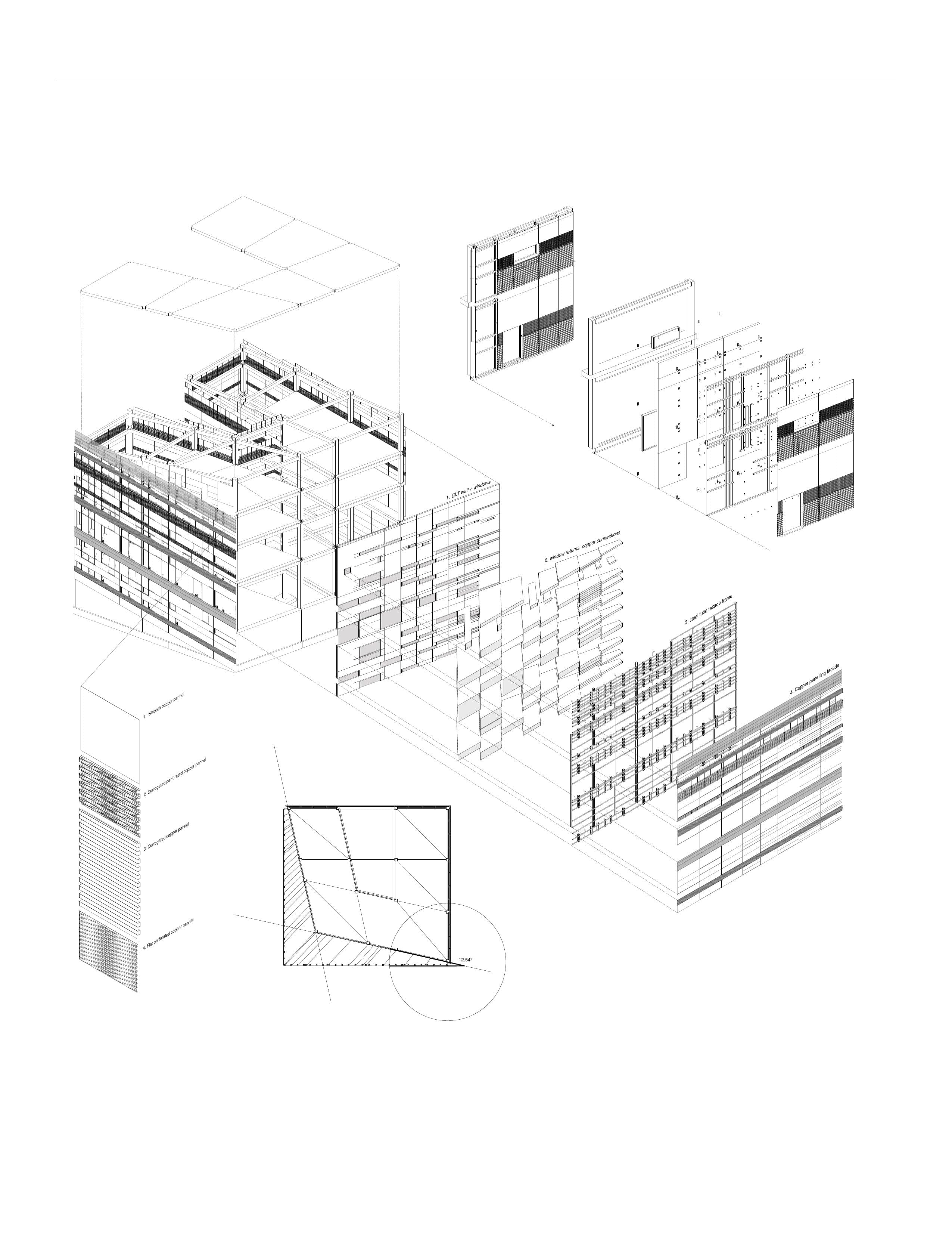 Exploded axonometric of the envelope layers: CLT wall, steel tube facade frame and copper paneling.