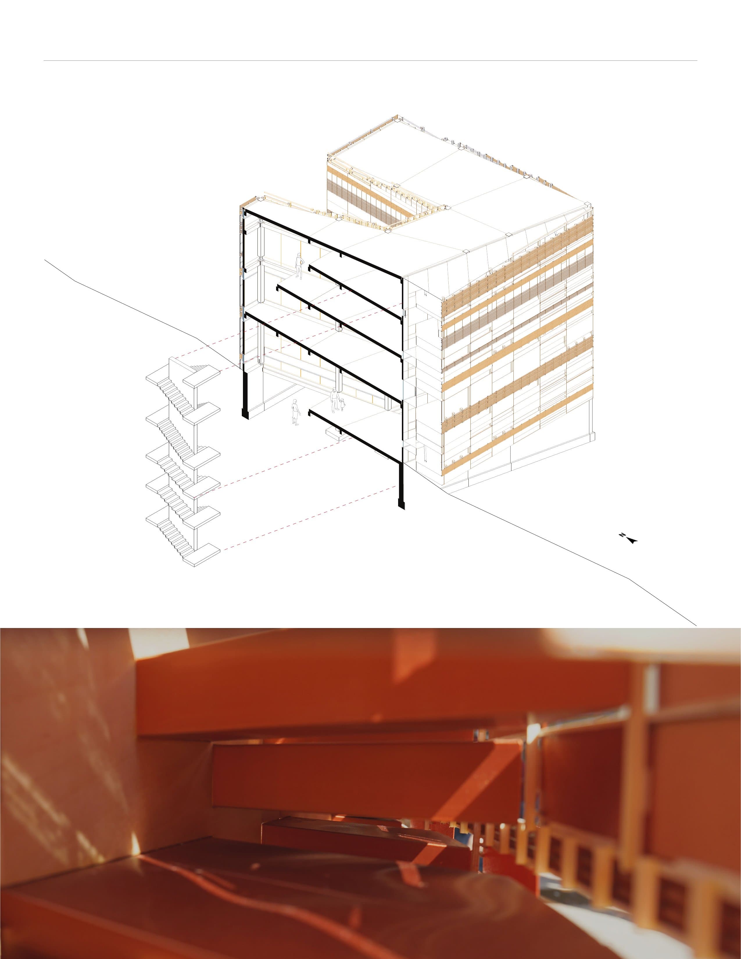 Sectional axonometric through the building on its sloped site, showing the stair and floor structure, above a close-up model photo of the copper envelope.