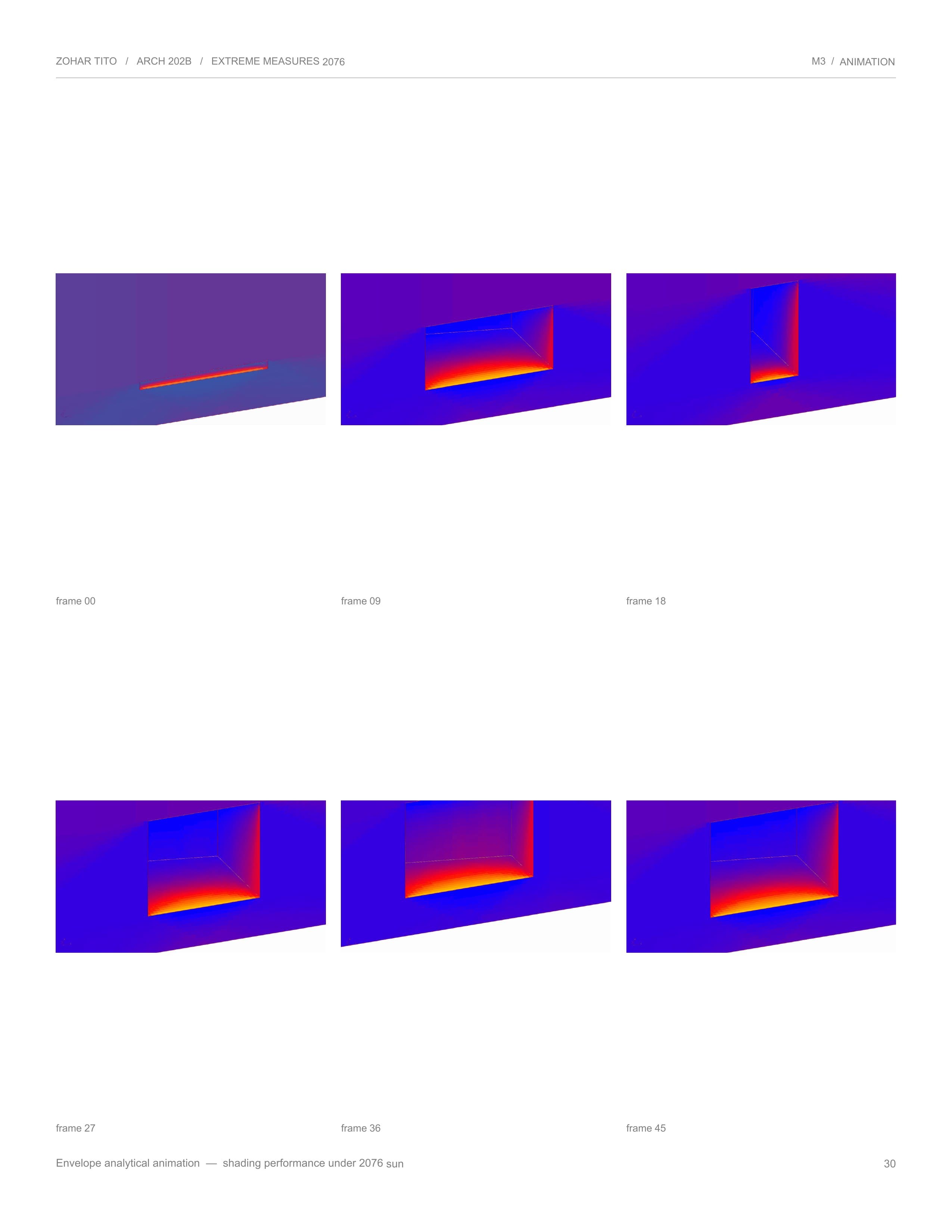 Six frames of a false-color shading analysis of a deep window opening across the day.