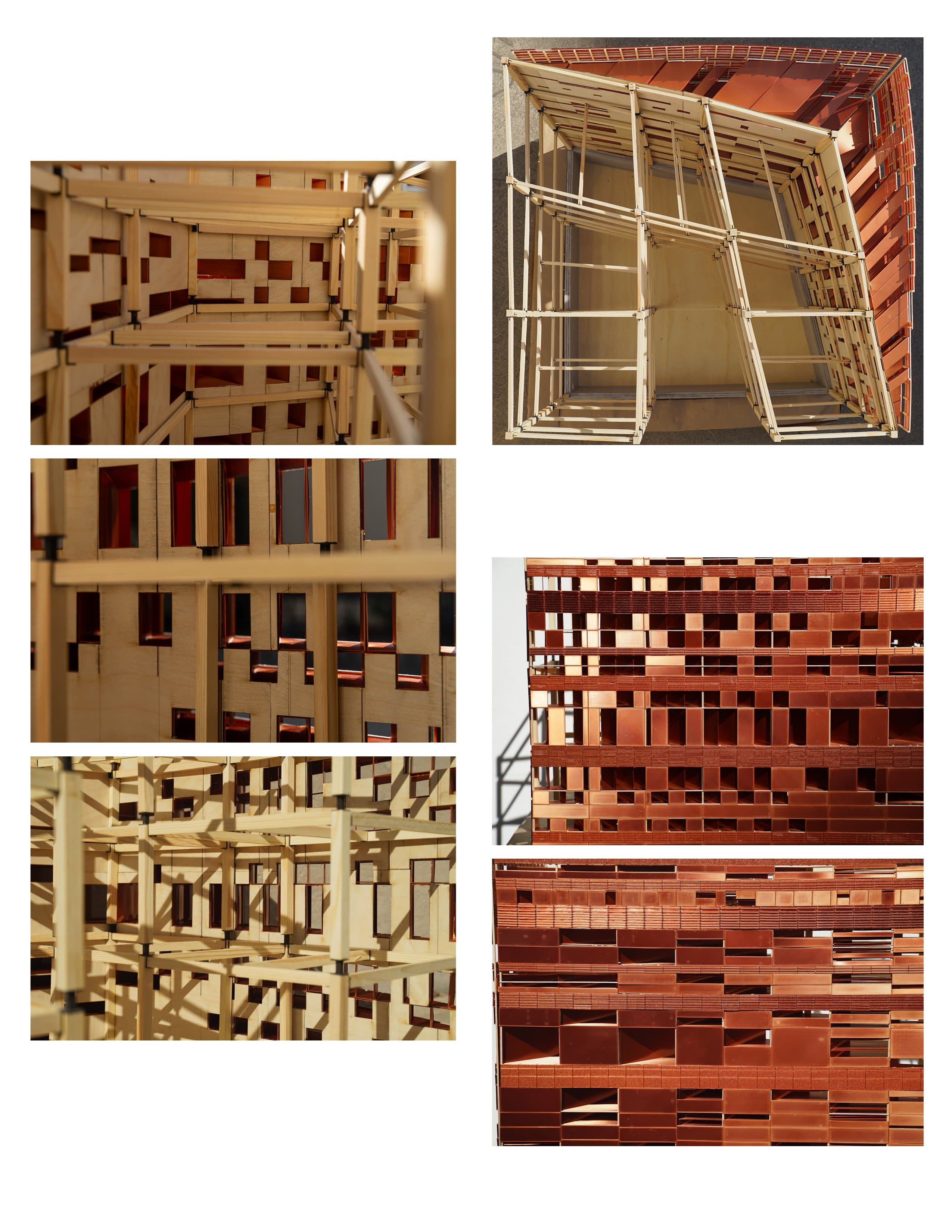 Grid of final model photos: timber frame interior views, a top-down view of the frame, and the copper facade face-on.