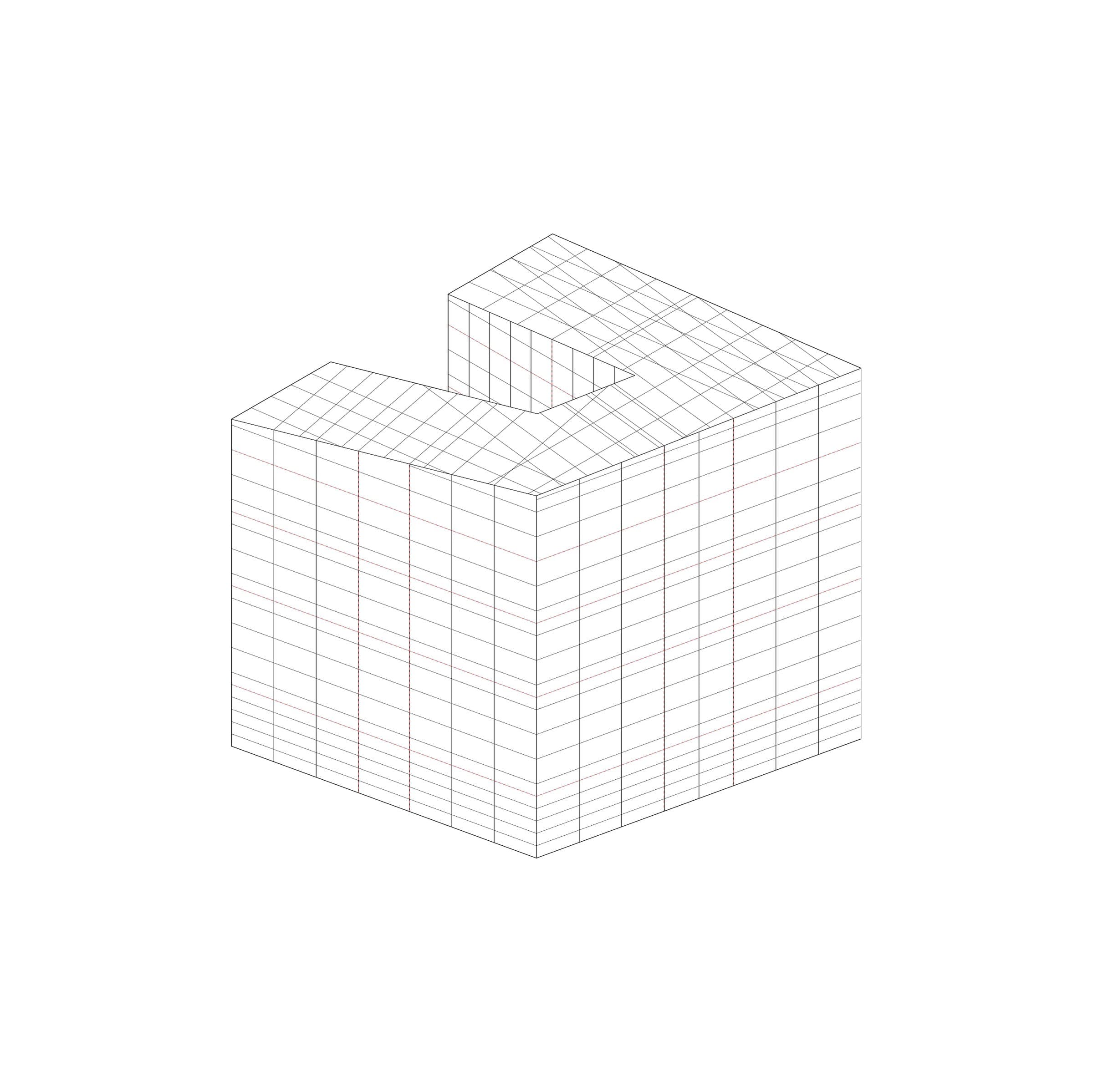 Isometric of the cube subdivided into a grid on every face.