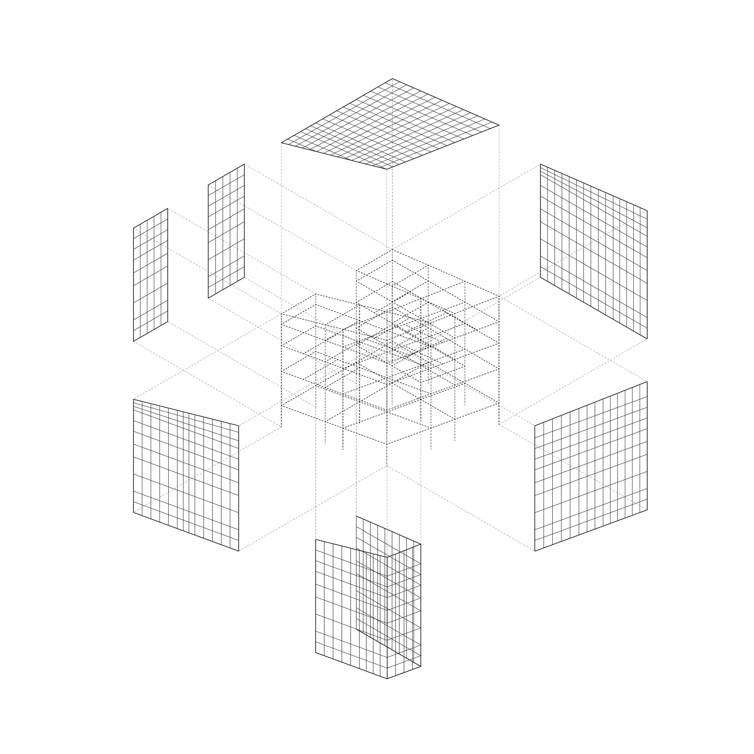 The subdivided faces pulled away from the cube in an exploded isometric.