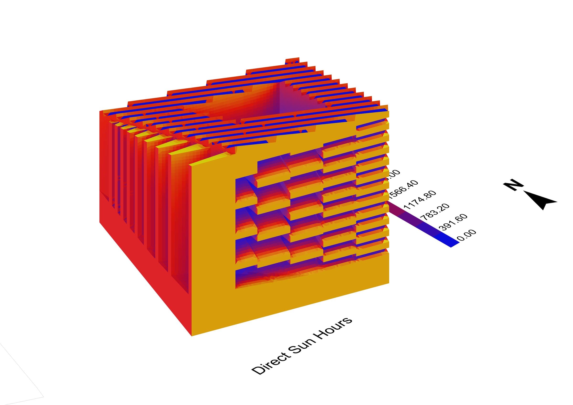 The final carved-cube massing with its courtyard, colored by annual direct sun hours.