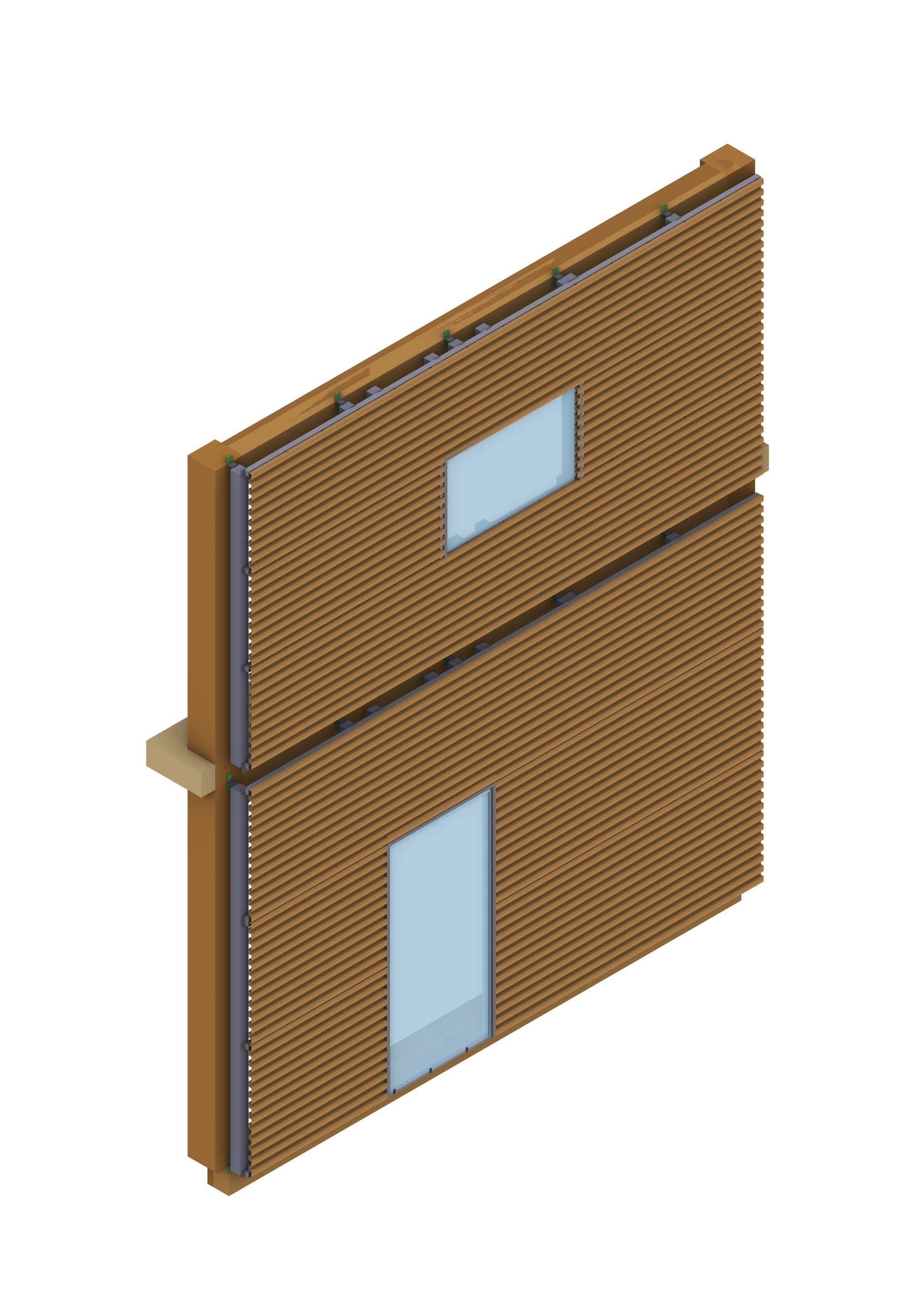 Facade chunk clad in perforated and corrugated copper.