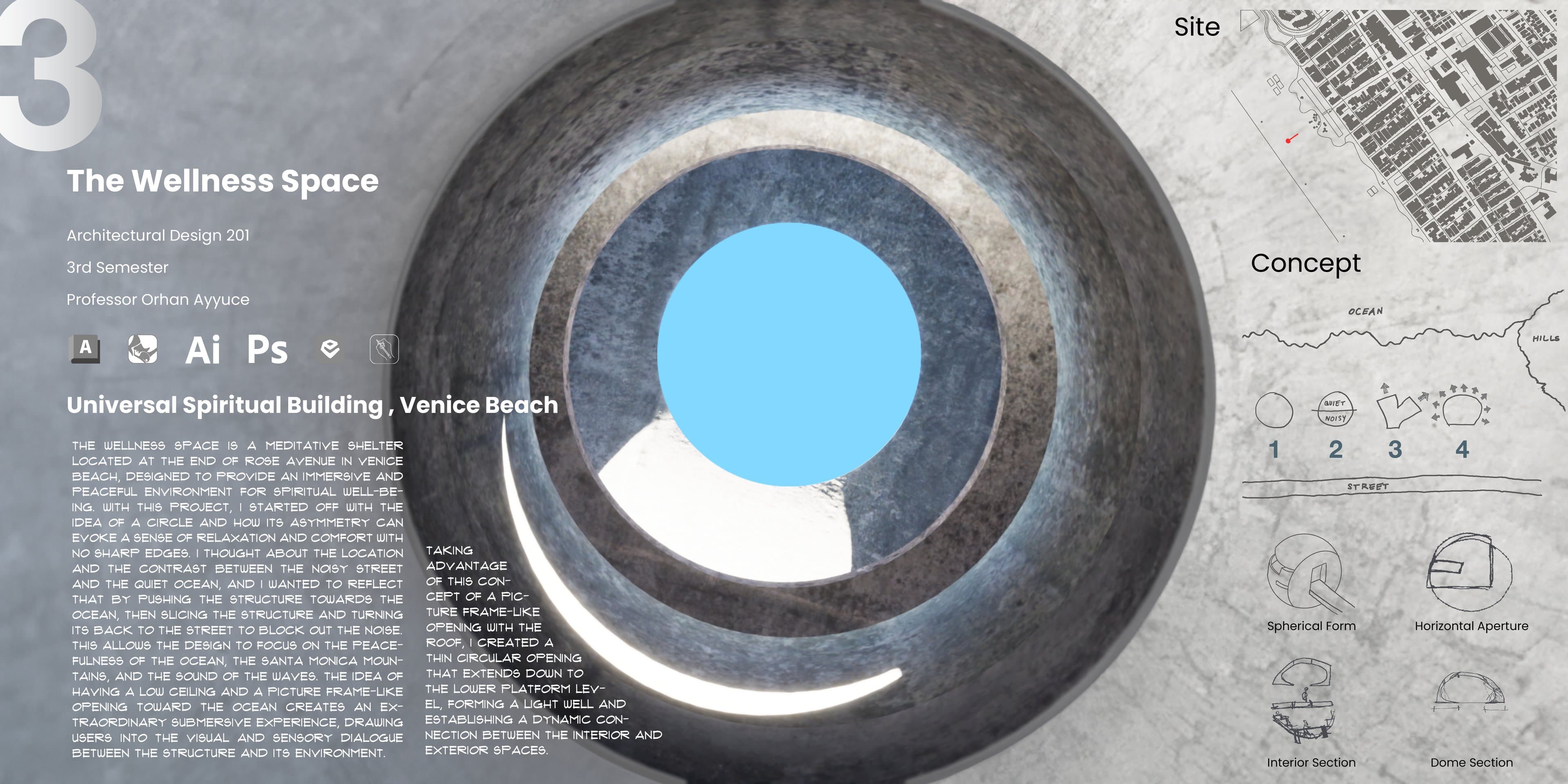 Project board: a render looking up through the circular roof opening, a figure-ground site map, and concept sketches of the circle, the quiet ocean side and the noisy street.