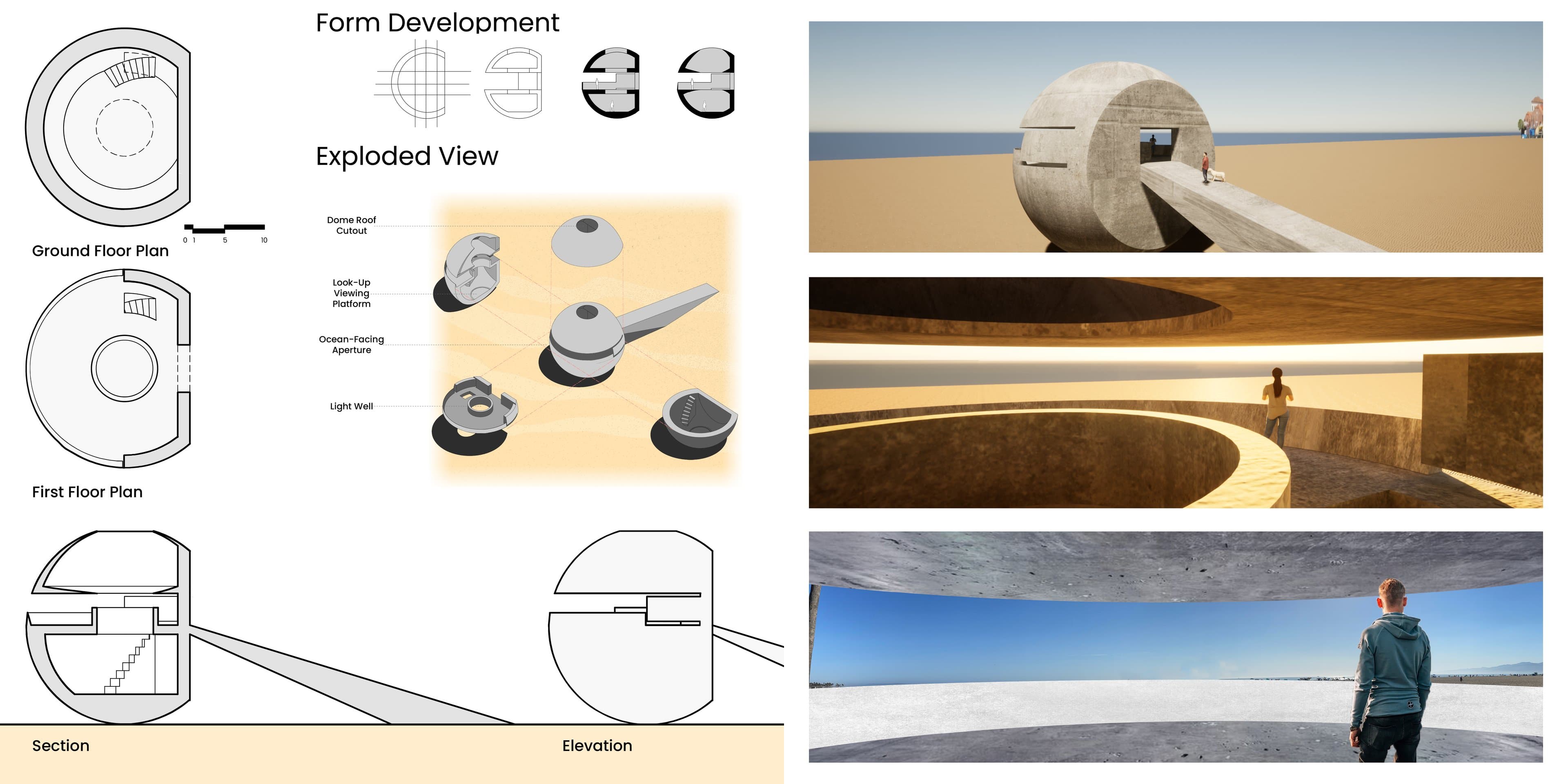 Ground and first floor plans, form development diagrams, an exploded view of the dome, a section and elevation, and renders of the concrete sphere on the beach and its ocean-facing interior.